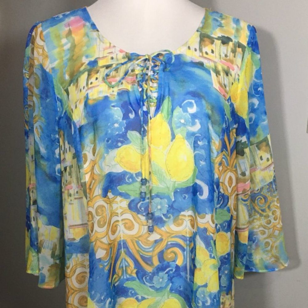 NWT, XL, dress by V Cristina in shades of turquoise, gold, and pink.